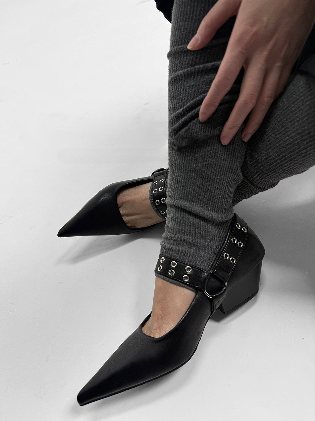 Black Buckle-Strap Pointed Mary Jane Pumps