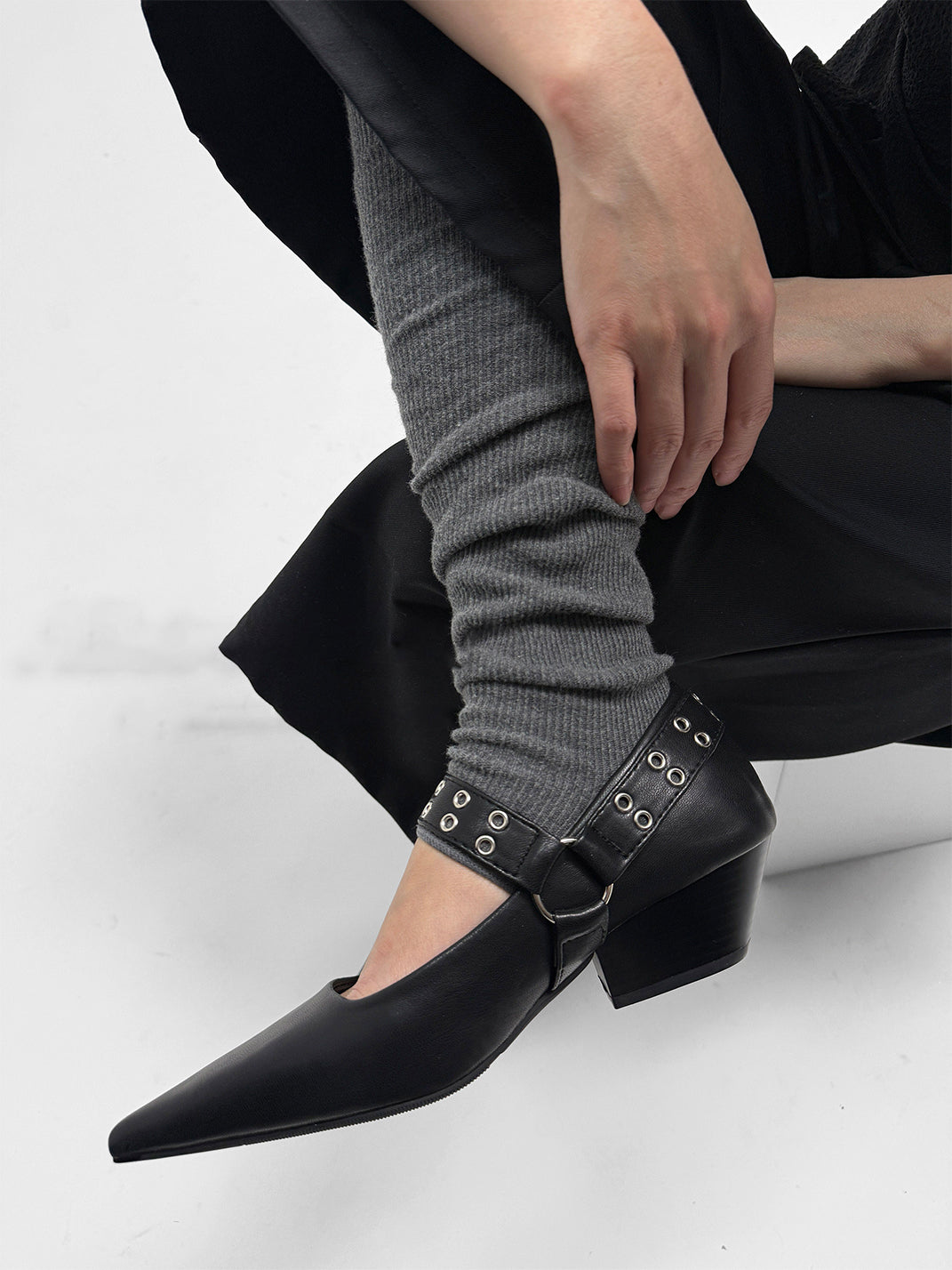 Black Buckle-Strap Pointed Mary Jane Pumps