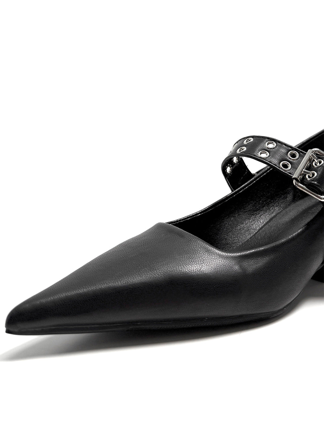 Black Buckle-Strap Pointed Mary Jane Pumps