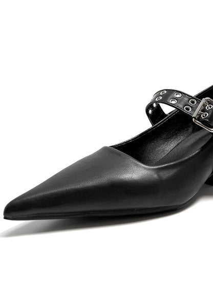 Black Buckle-Strap Pointed Mary Jane Pumps