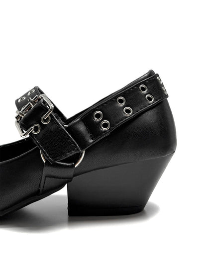 Black Buckle-Strap Pointed Mary Jane Pumps
