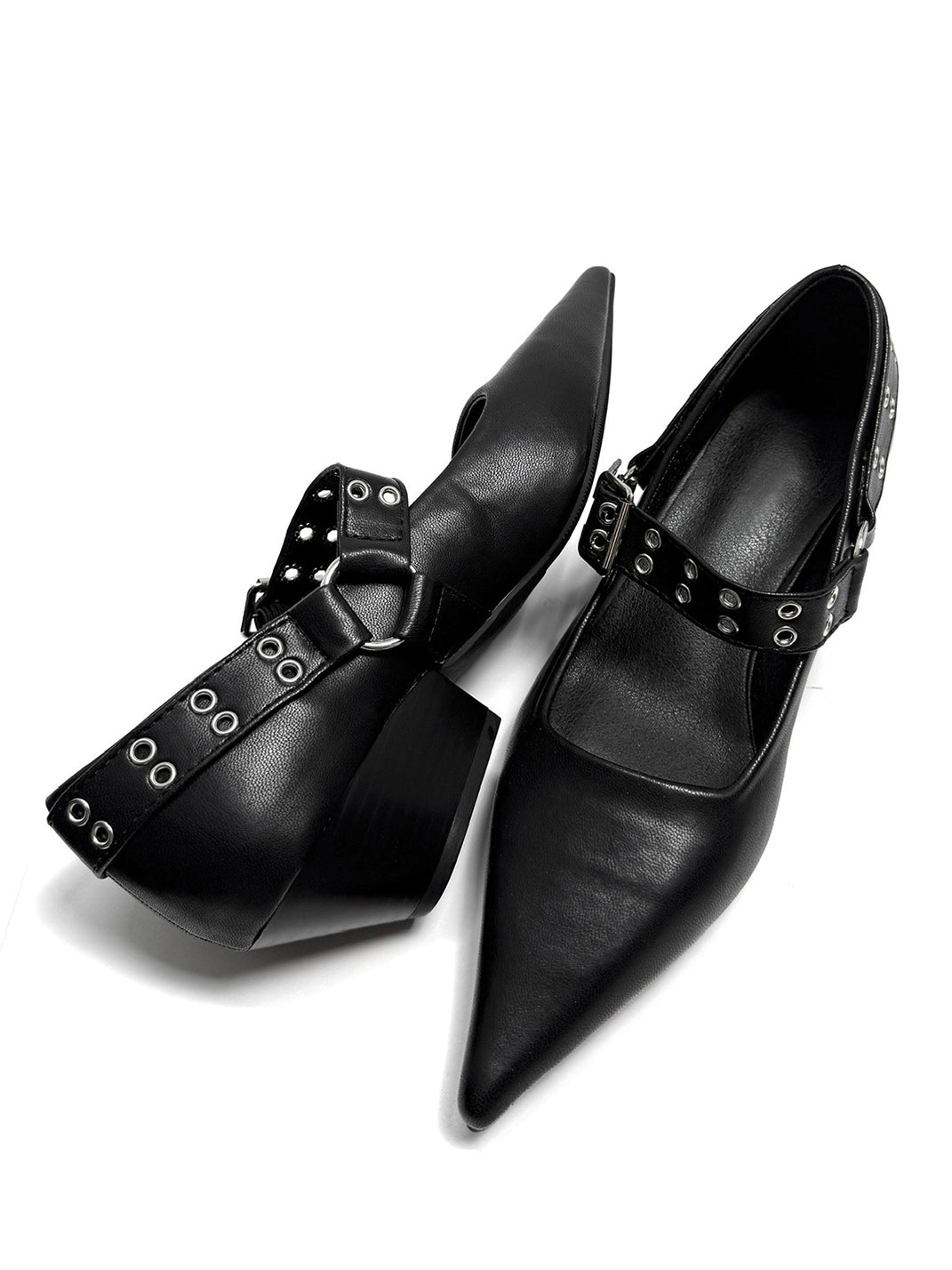 Black Buckle-Strap Pointed Mary Jane Pumps