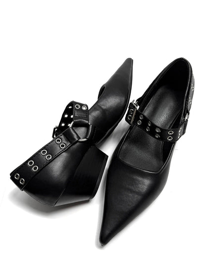 Black Buckle-Strap Pointed Mary Jane Pumps