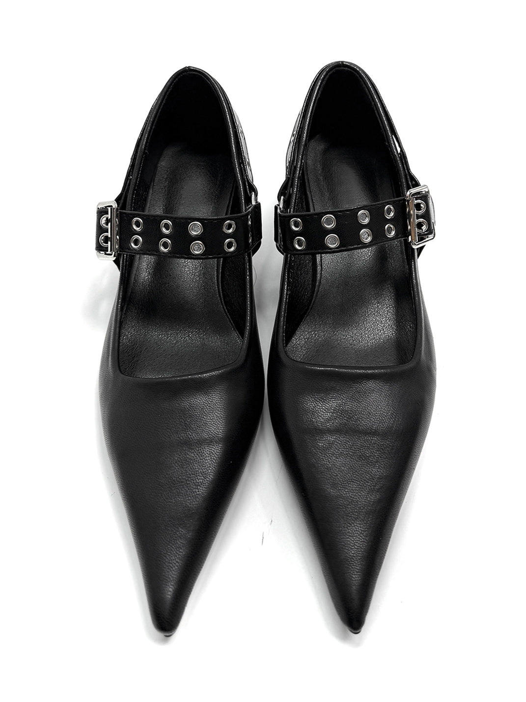 Black Buckle-Strap Pointed Mary Jane Pumps