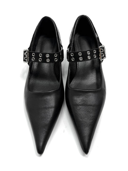 Black Buckle-Strap Pointed Mary Jane Pumps