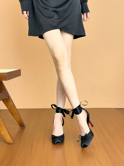 Black Butterfly-Strap Square-Toe Stiletto Sandals
