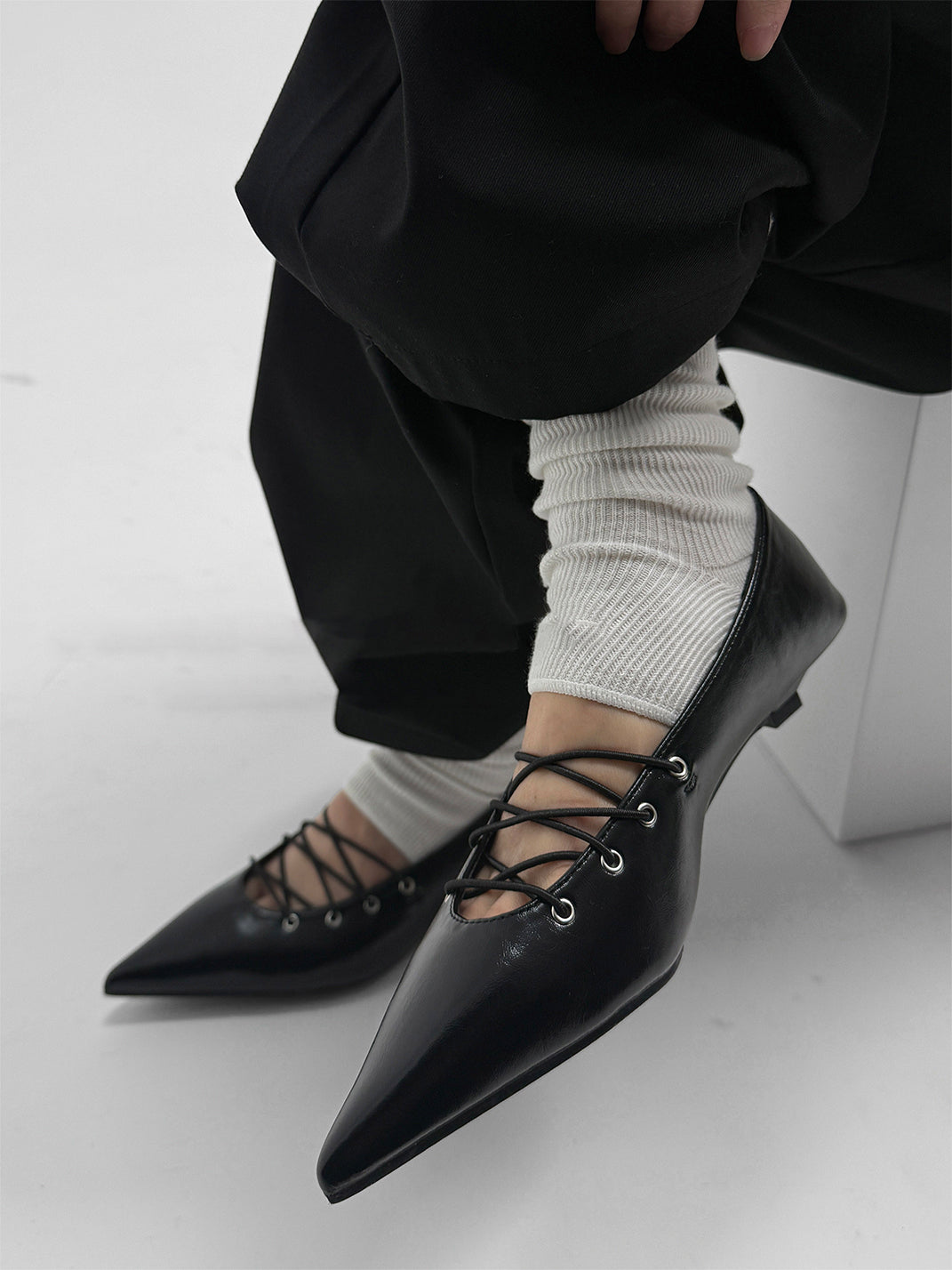 Black Corset-Lace Pointed Ballet Flats