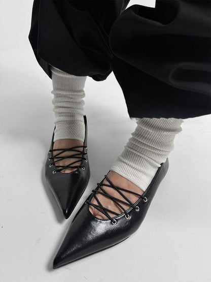 Black Corset-Lace Pointed Ballet Flats
