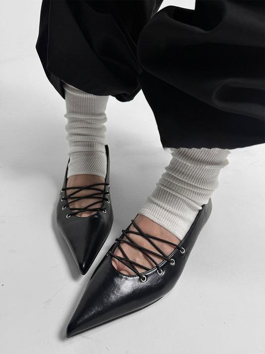Black Corset-Lace Pointed Ballet Flats