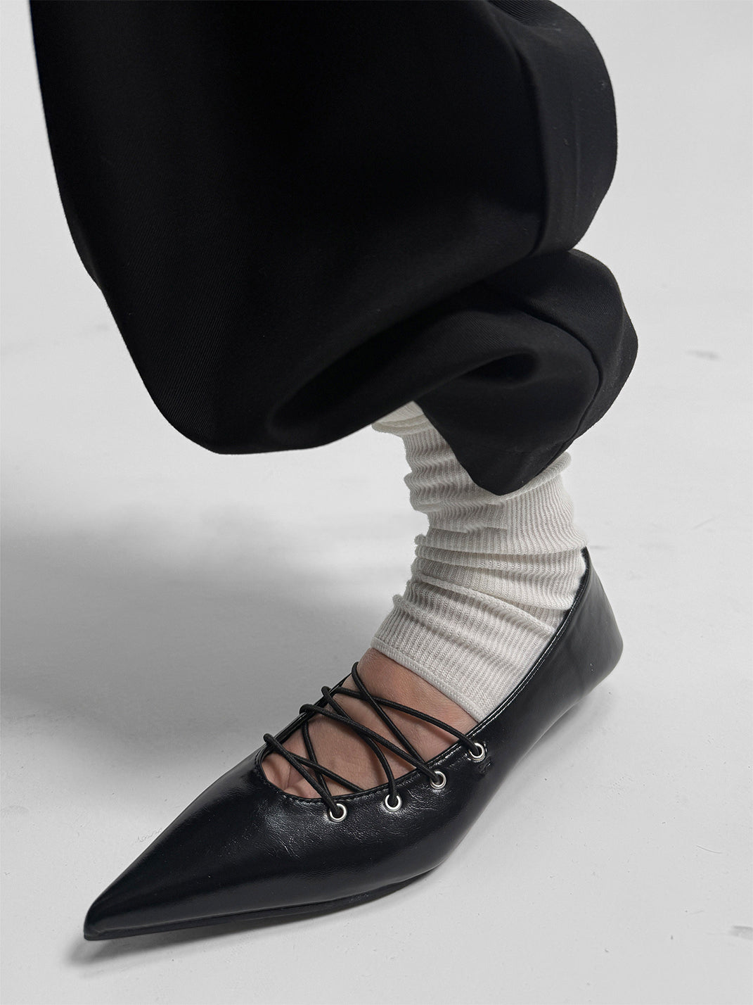 Black Corset-Lace Pointed Ballet Flats