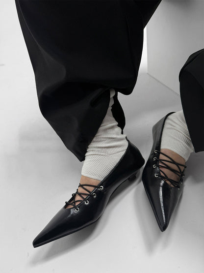 Black Corset-Lace Pointed Ballet Flats