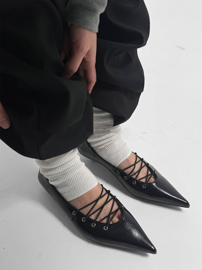 Black Corset-Lace Pointed Ballet Flats