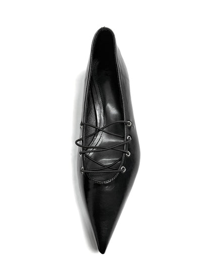 Black Corset-Lace Pointed Ballet Flats