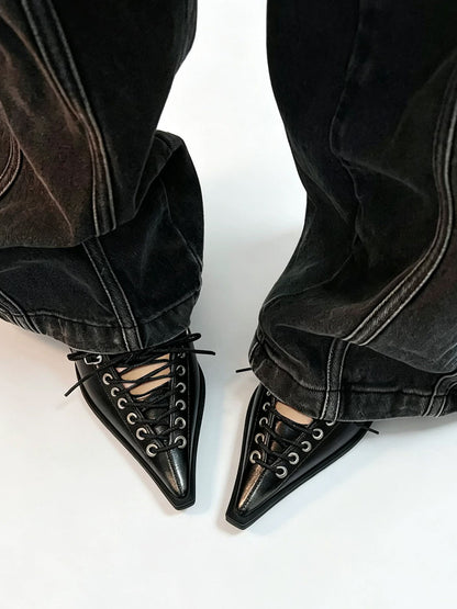 Black Corset-Lace Pointed Stiletto Pumps