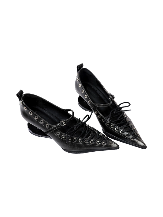 Black Corset-Lace Pointed Stiletto Pumps