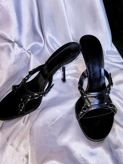 Black Cross-Strap Open-Toe Stiletto Sandals