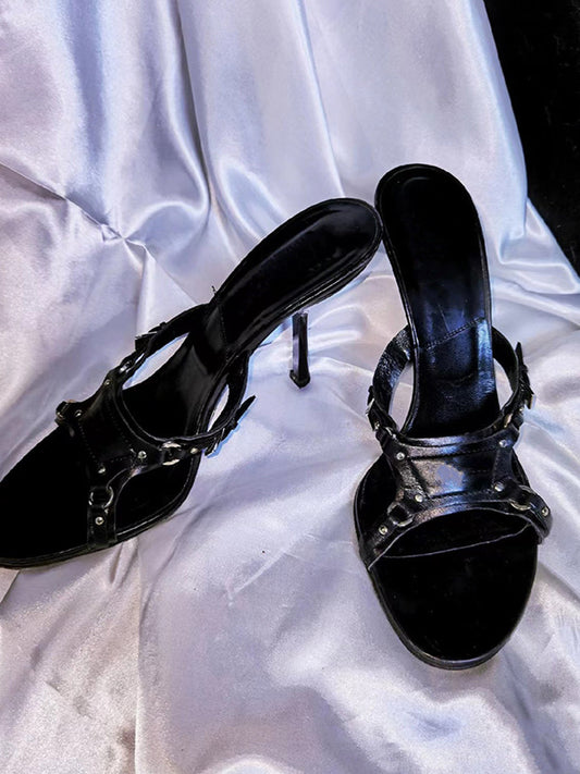 Black Cross-Strap Open-Toe Stiletto Sandals
