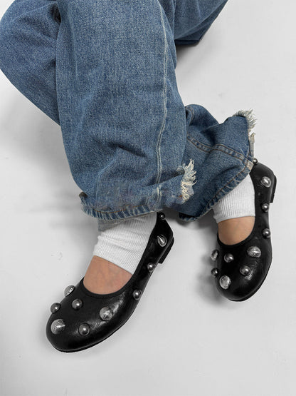 Black Crystal-Stud Ballet Flats