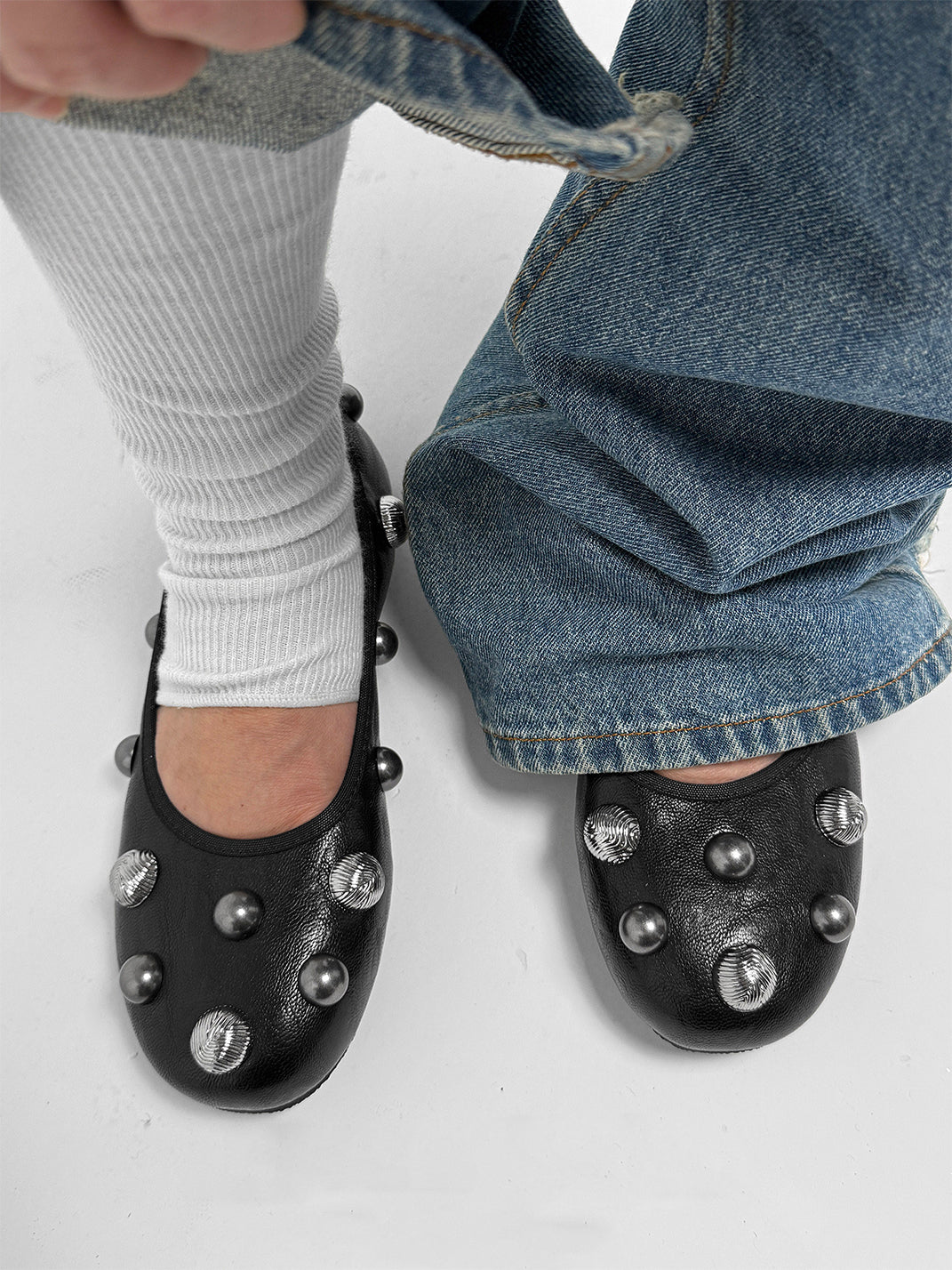 Black Crystal-Stud Ballet Flats
