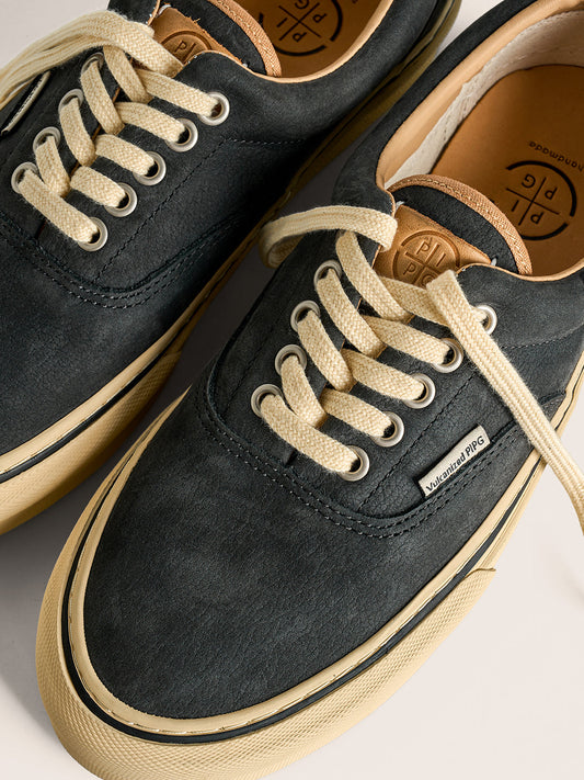 Black Distressed Leather Canvas Low-Top Sneakers