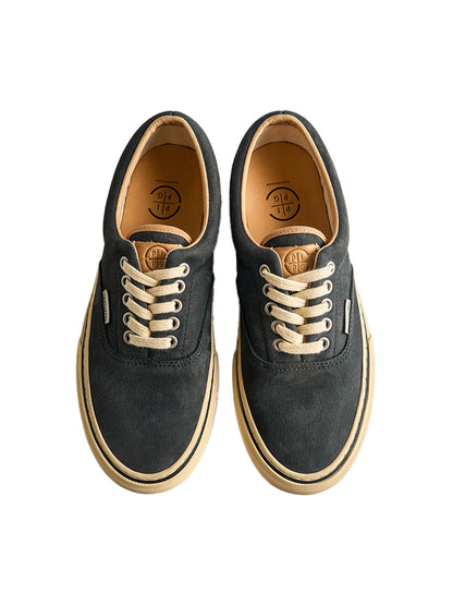 Black Distressed Leather Canvas Low-Top Sneakers