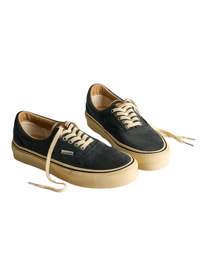 Black Distressed Leather Canvas Low-Top Sneakers