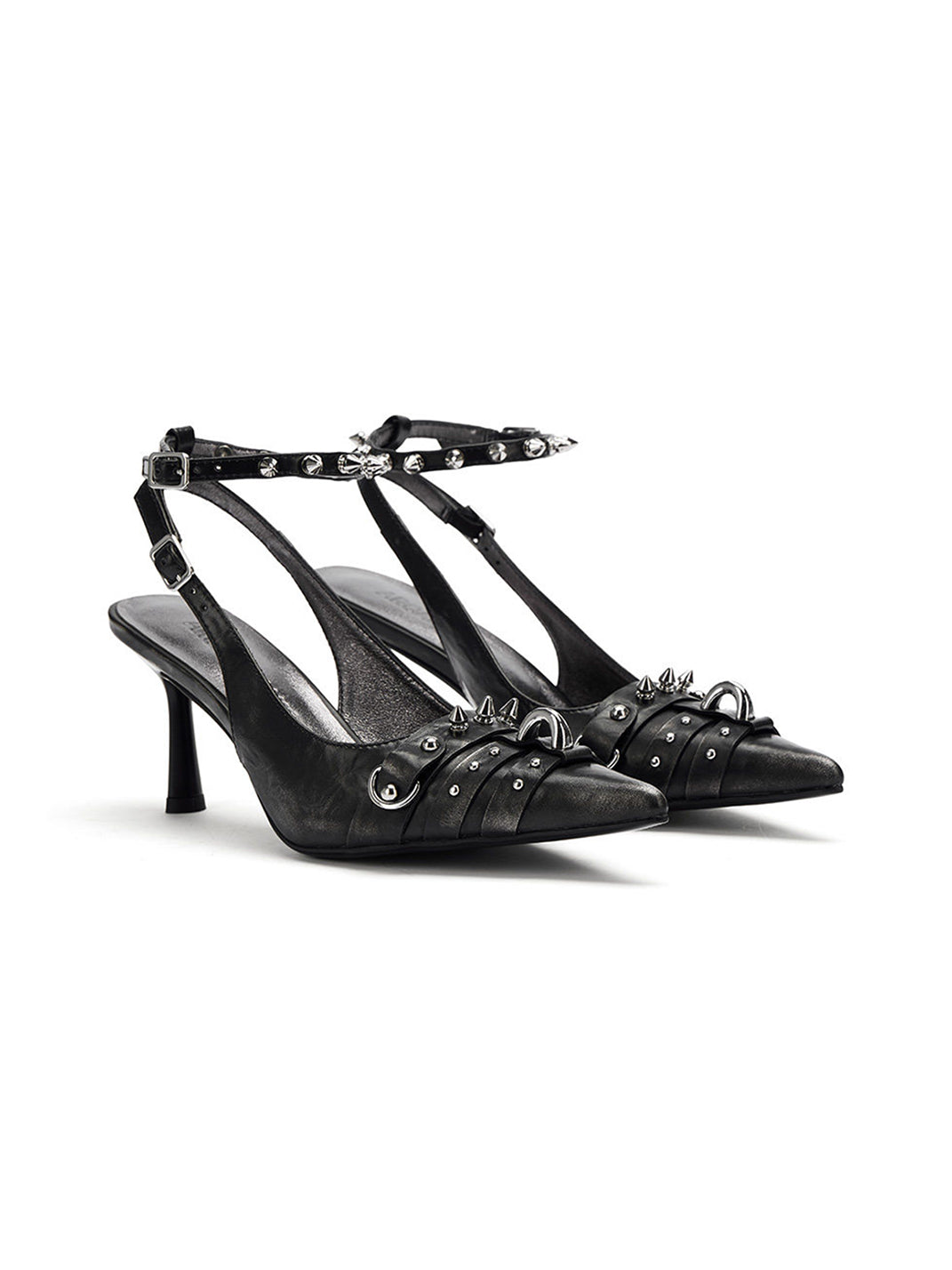 Black Distressed Studded Slingback Pumps