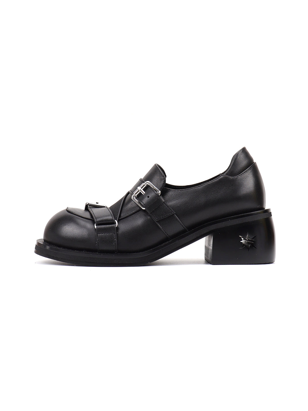 Black Double-Buckle Block-Heel Loafers