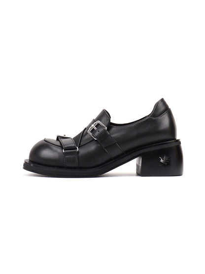 Black Double-Buckle Block-Heel Loafers
