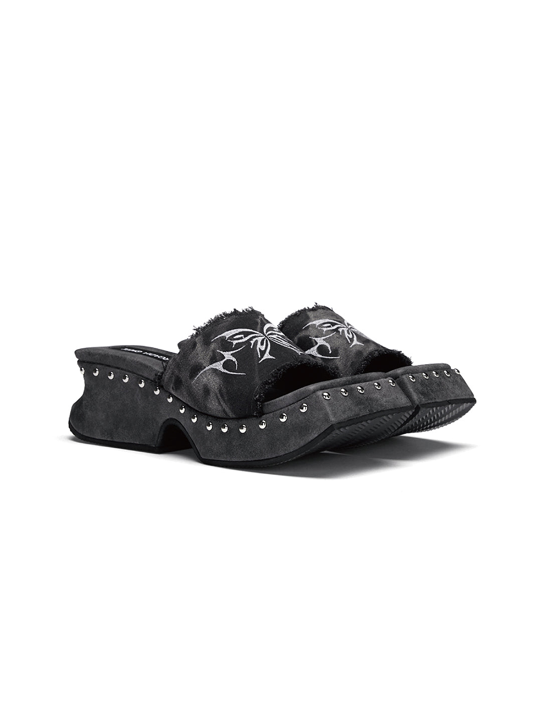 Black Embroidered Butterfly Platform Mules