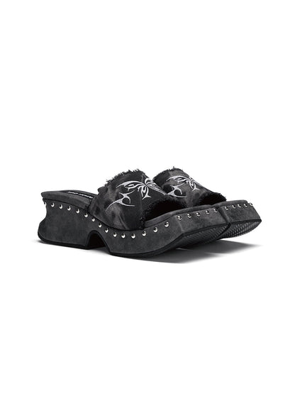 Black Embroidered Butterfly Platform Mules