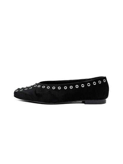 Black Eyelet-Trim Square-Toe Ballet Flats