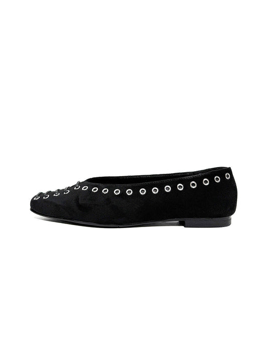 Black Eyelet-Trim Square-Toe Ballet Flats