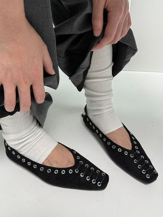 Black Eyelet-Trim Square-Toe Ballet Flats