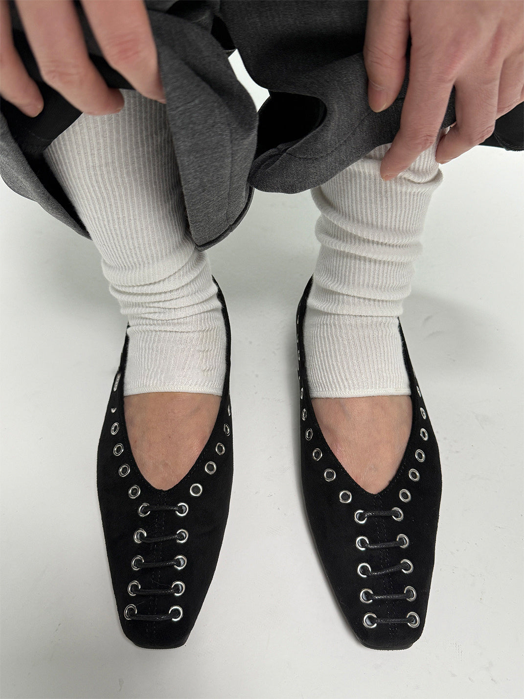 Black Eyelet-Trim Square-Toe Ballet Flats