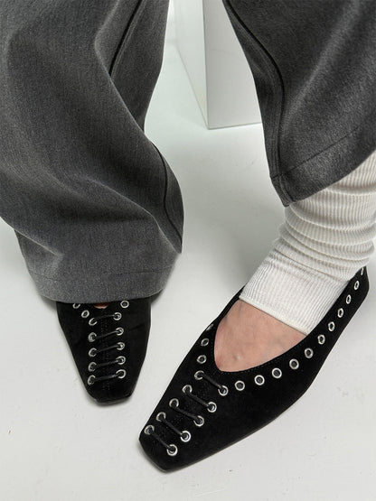 Black Eyelet-Trim Square-Toe Ballet Flats