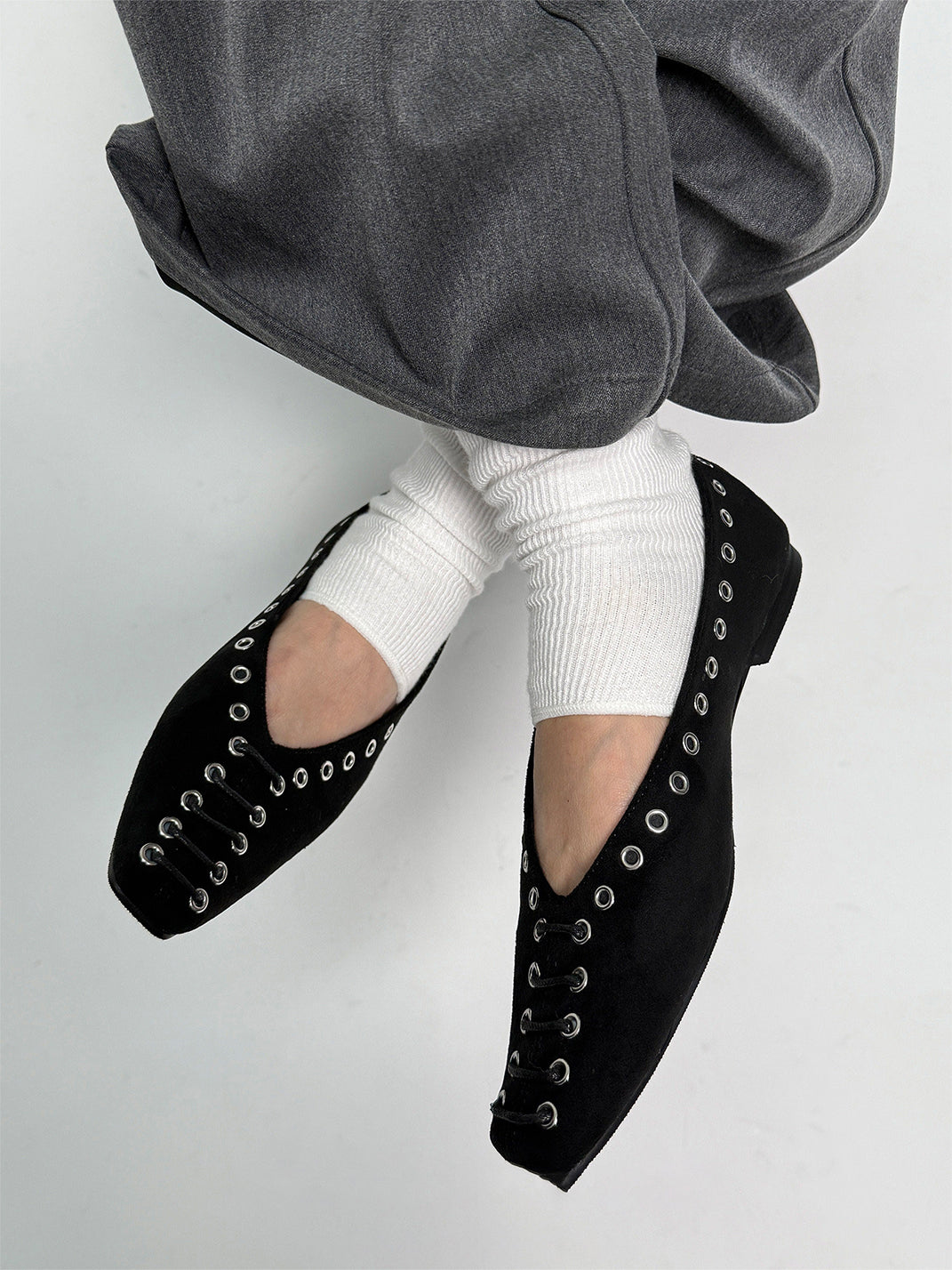 Black Eyelet-Trim Square-Toe Ballet Flats