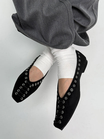 Black Eyelet-Trim Square-Toe Ballet Flats