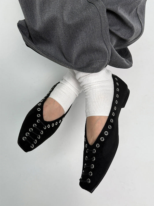 Black Eyelet-Trim Square-Toe Ballet Flats