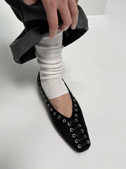 Black Eyelet-Trim Square-Toe Ballet Flats