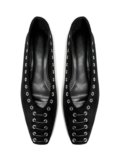 Black Eyelet-Trim Square-Toe Ballet Flats