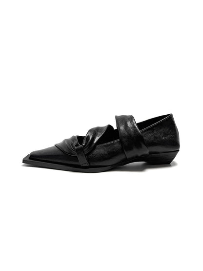 Black Knotted Square-Toe Leather Flats