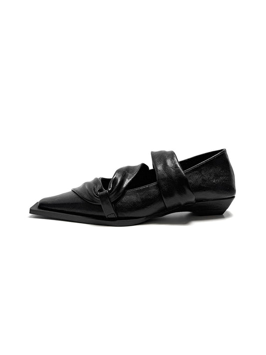 Black Knotted Square-Toe Leather Flats