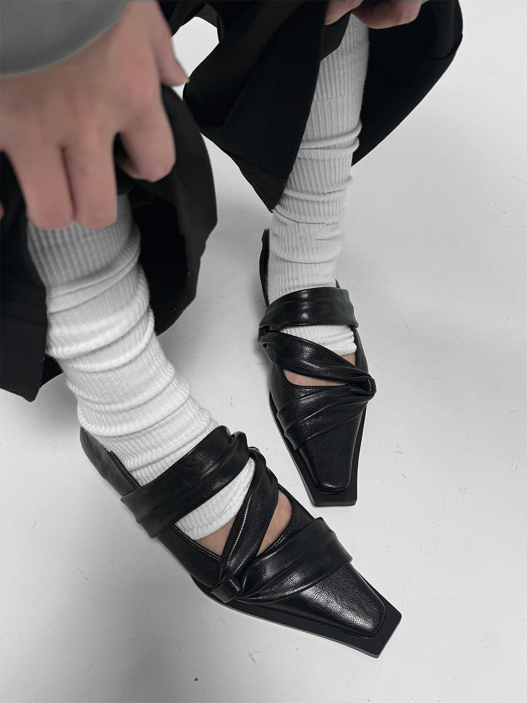Black Knotted Square-Toe Leather Flats