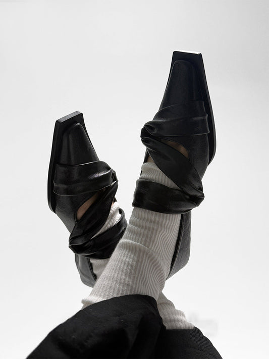 Black Knotted Square-Toe Leather Flats