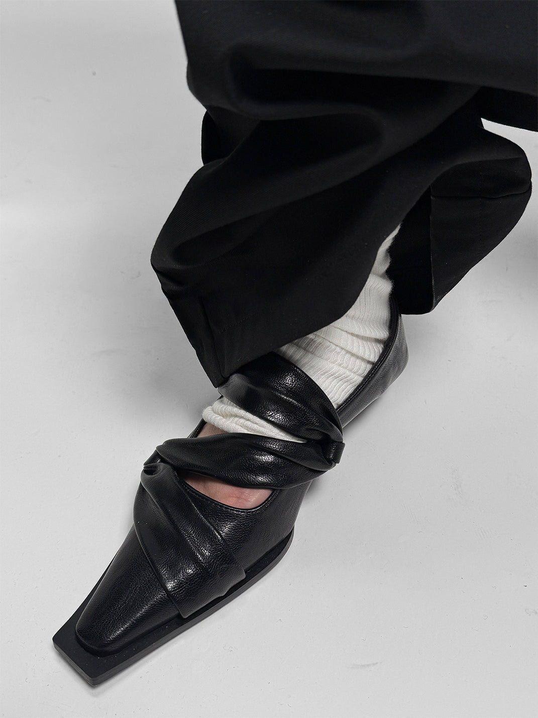 Black Knotted Square-Toe Leather Flats