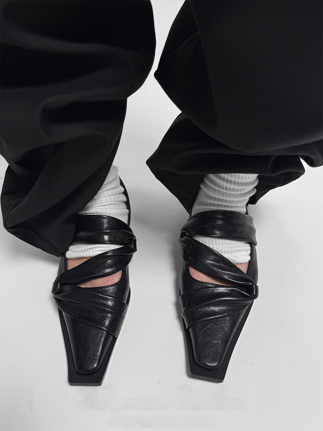 Black Knotted Square-Toe Leather Flats