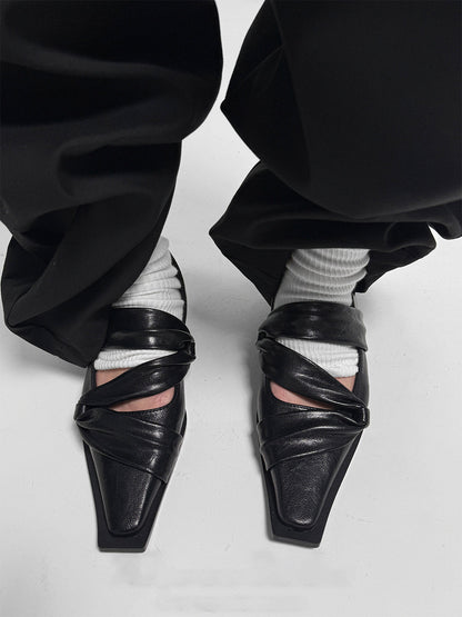 Black Knotted Square-Toe Leather Flats