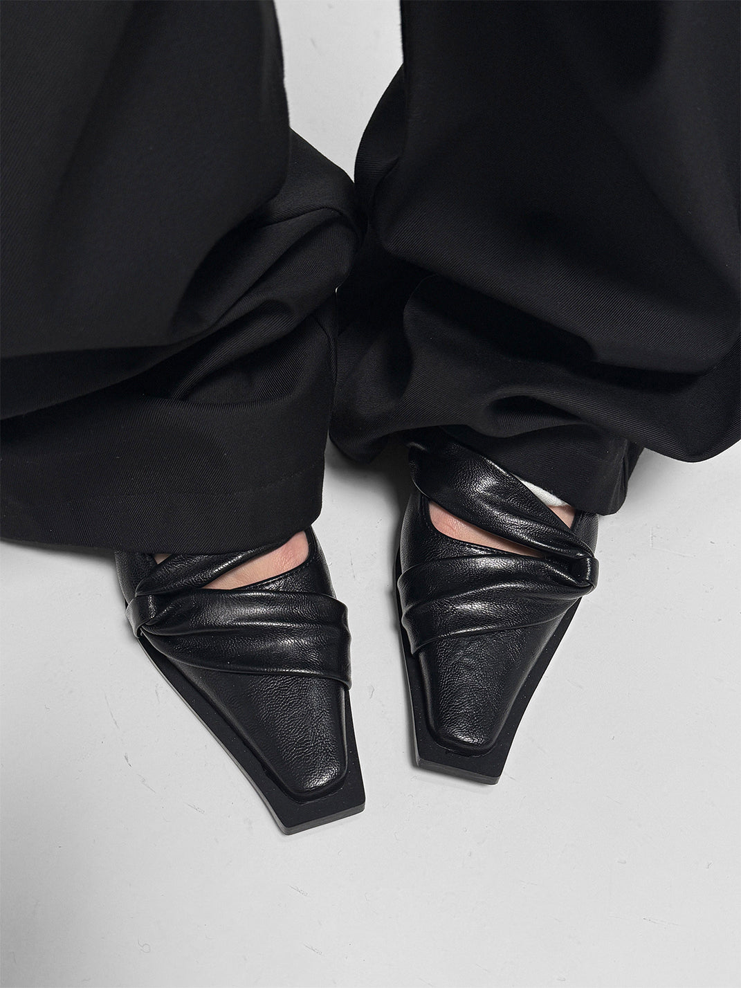 Black Knotted Square-Toe Leather Flats