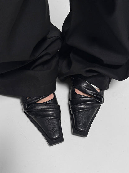 Black Knotted Square-Toe Leather Flats